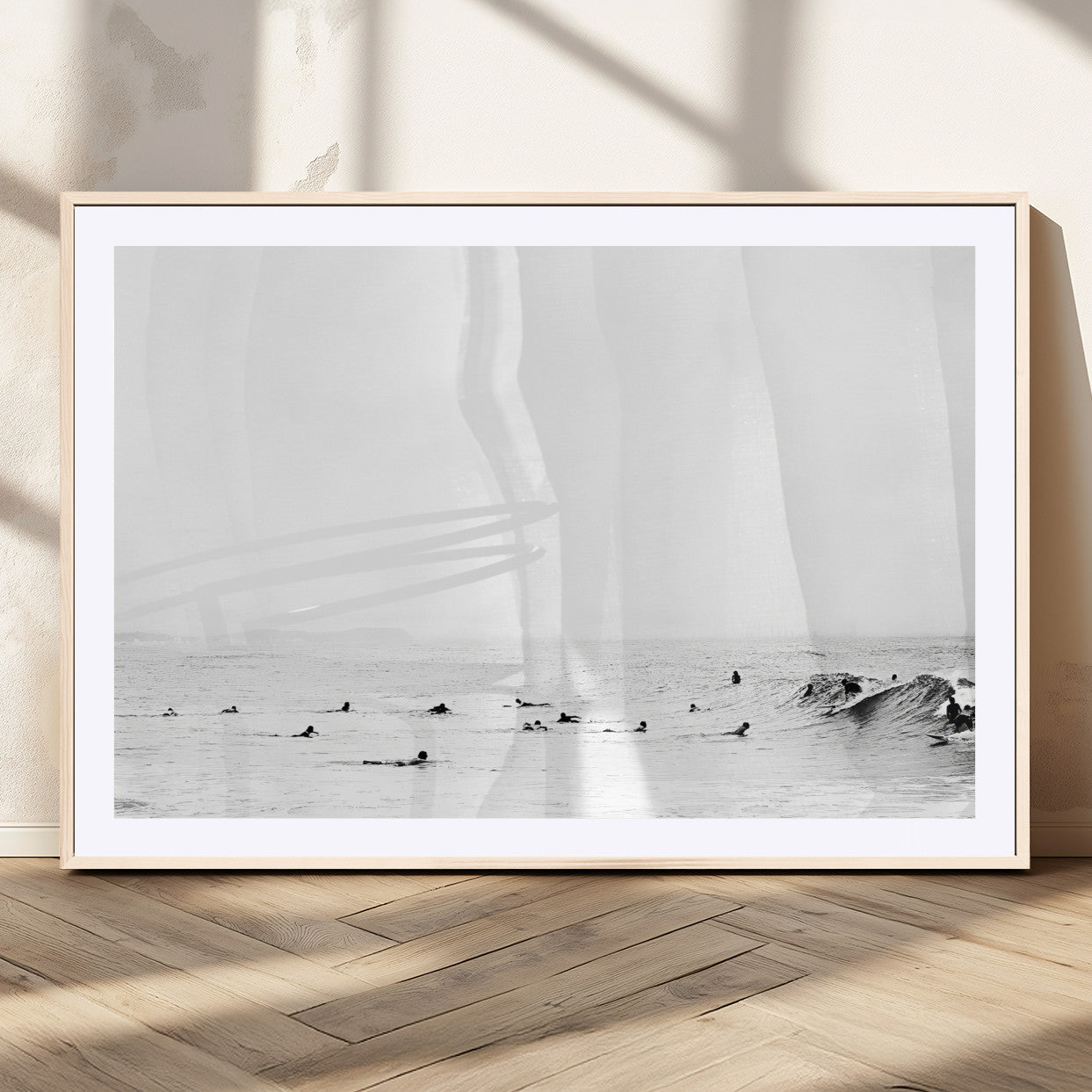 38441169-MGC-FP-36x24_Natural-Monochrome Swimming Wall Art Canvas Print, Framed Ocean Horizon Art Picture Print, Moody Coastal Perfect Minimalist Coastal Decor