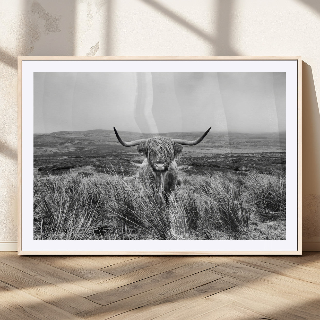24051061-MGC-FP-36x24_Natural-Monochrome Highland Cow Wall Art Canvas Print, Framed Scottish Bull Art Picture Print, Lone Cattle Perfect Rustic Farmhouse Decor