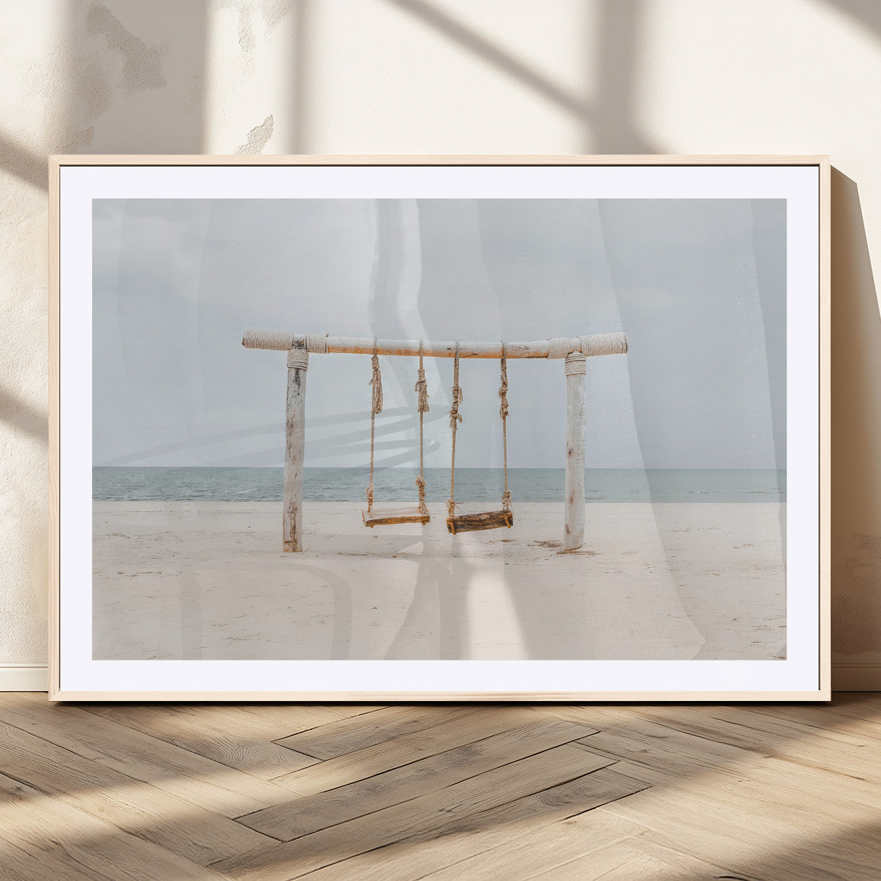 68327283-MGC-FP-36x24_Natural-Beach Swing Wall Art Canvas Print, Framed Quiet Beach Art Picture Print, Calm Shoreline Perfect Bohemian Coastal Decor Artwork