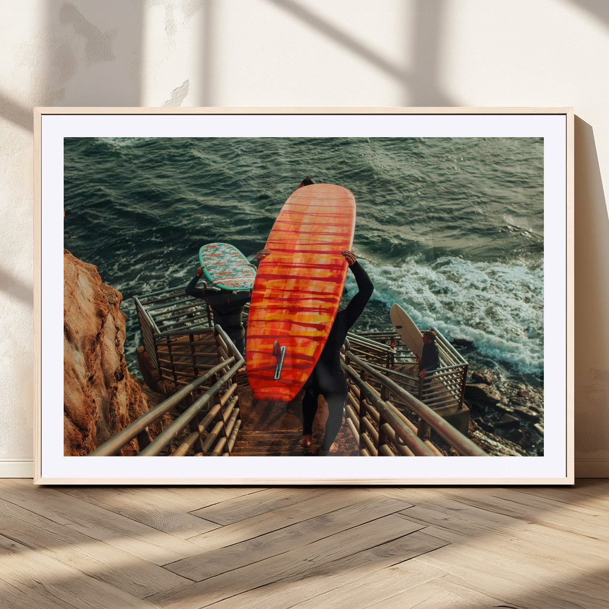 84555848-MGC-FP-36x24_Natural-Surfer Stairway Wall Art Canvas Print, Framed Ocean Surf Art Picture Print, Sunset Coastal Perfect Coastal Adventure Decor Artwork