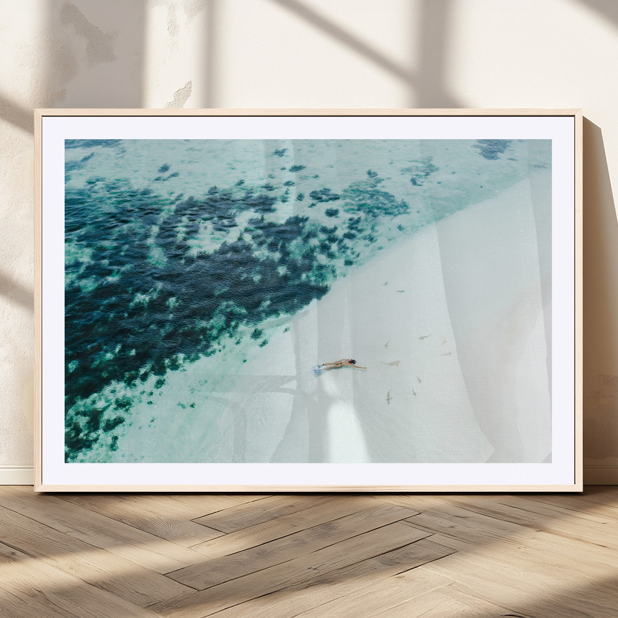 33764764-MGC-FP-36x24_Natural-Minimal Beach Wall Art Canvas Print, Framed Ocean Swimming Art Picture Print, Clear Ocean Perfect Minimal Coastal Decor Artwork