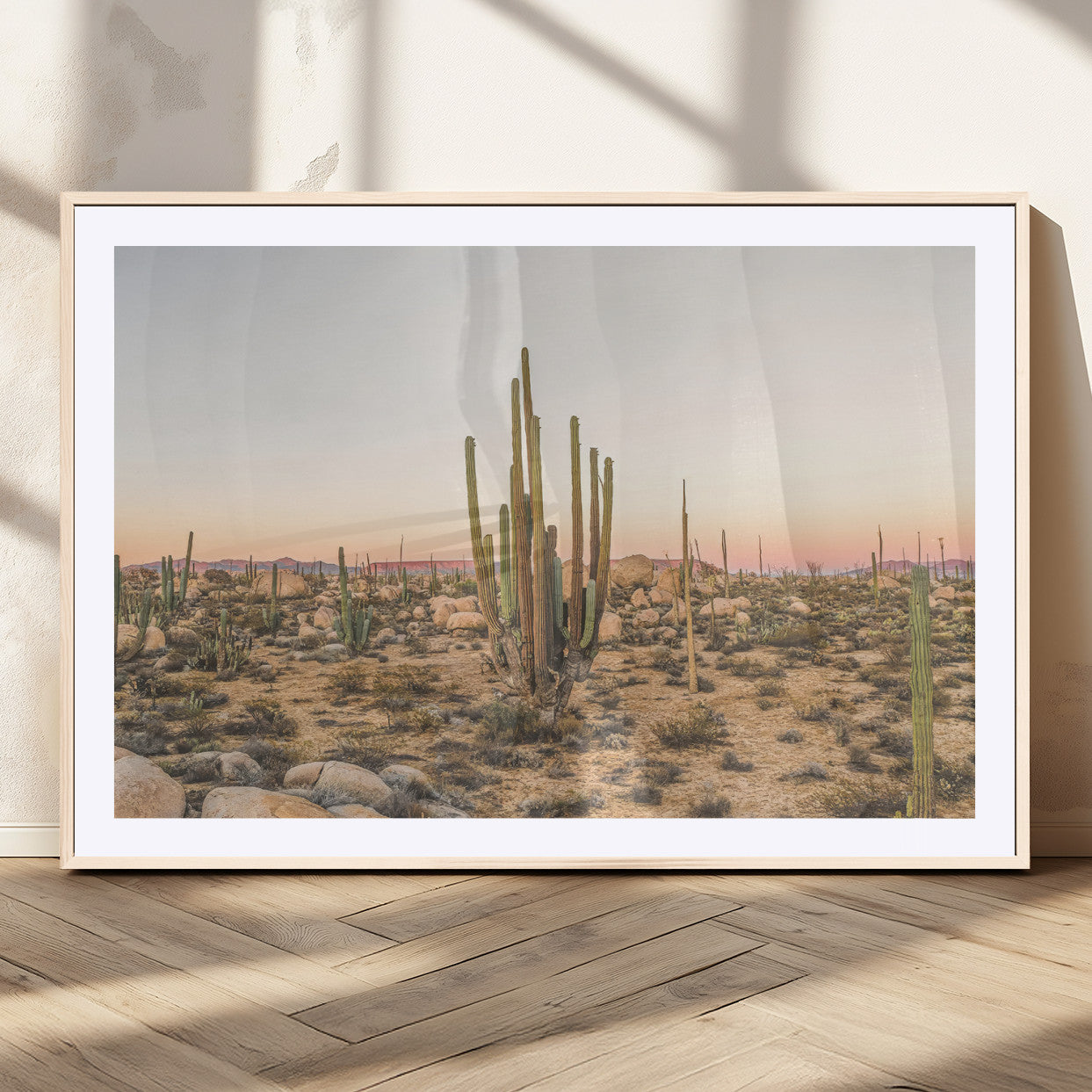 76234974-MGC-FP-36x24_Natural-Desert Cactus Wall Art Canvas Print, Framed Baja Desert Art Picture Print, Pastel Desert Perfect Southwestern Boho Decor Artwork