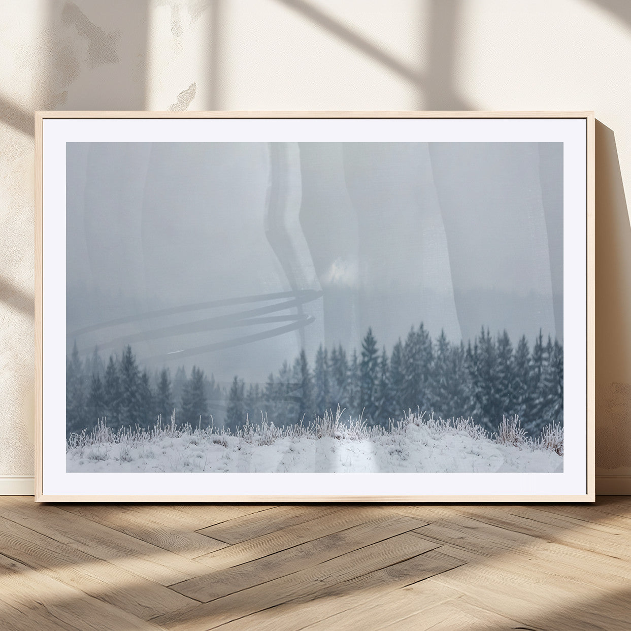 33033082-MGV-CV-36X24-Winter Forest Art Wall Art Canvas Print, Framed Snowy Landscape Art Picture Print, Misty Tree Scene Perfect Nordic Minimalist