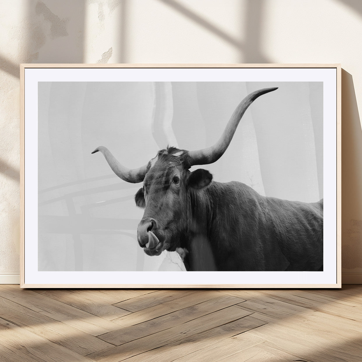 99244177-MGV-CV-36X24-Longhorn Photography Wall Art Canvas Print, Framed Western Cow Decor Art Picture Print, Black White Bull Perfect Modern Rustic