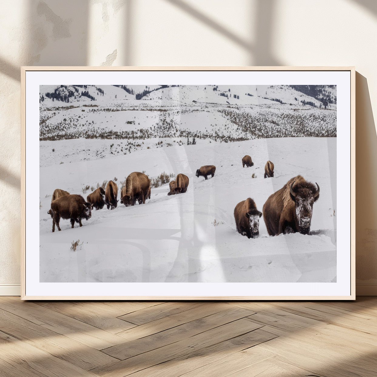 13891210-MGC-FP-36x24_Natural-Bison Herd Scene Wall Art Canvas Print, Framed Western Wildlife Decor Art Picture Print, Snowy Mountain Valley Perfect Rustic