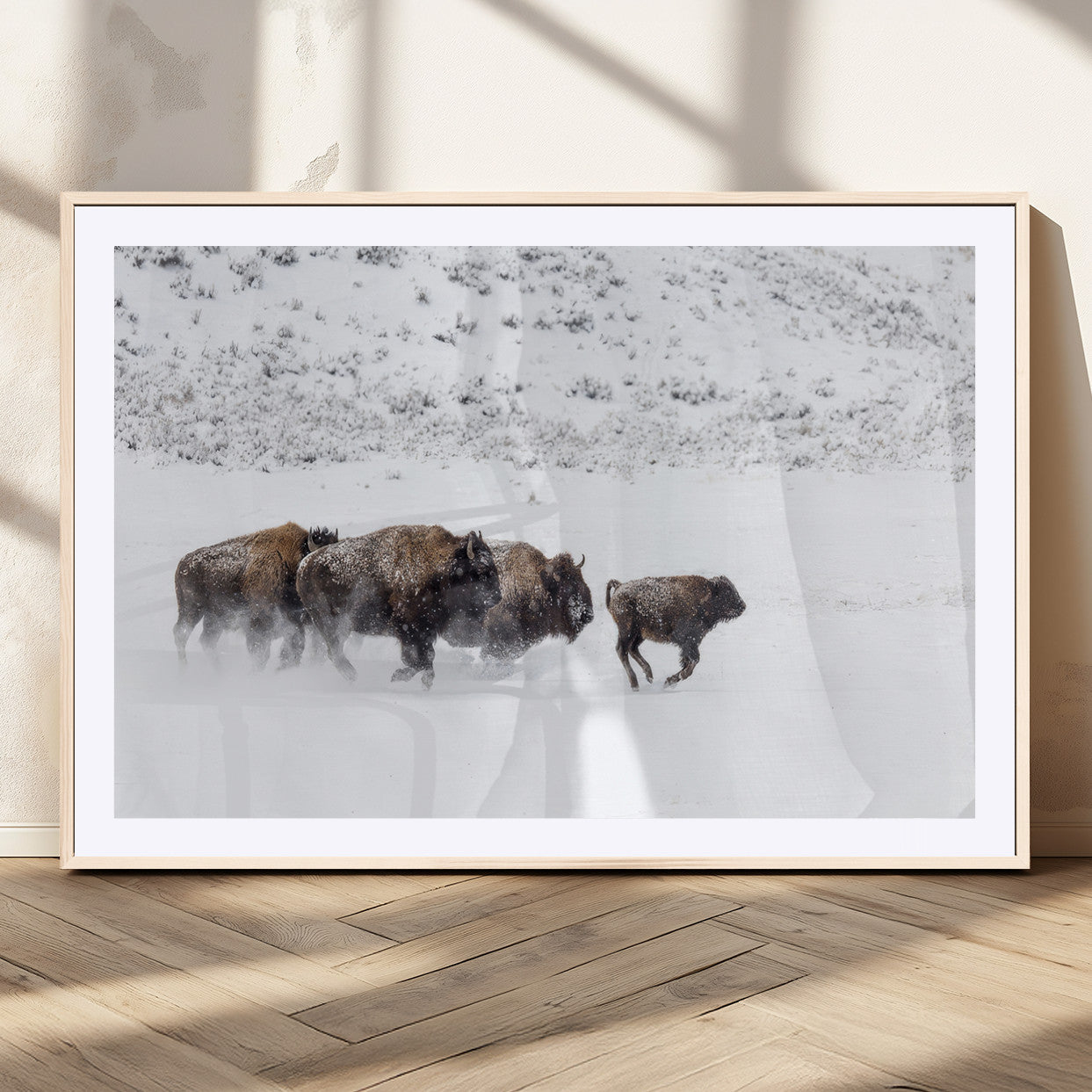 56216945-MGC-FP-36x24_Natural-Bison Herd Decor Wall Art Canvas Print, Framed Snowy Bison Scene Art Picture Print, Winter Wildlife Theme Perfect Rustic Western