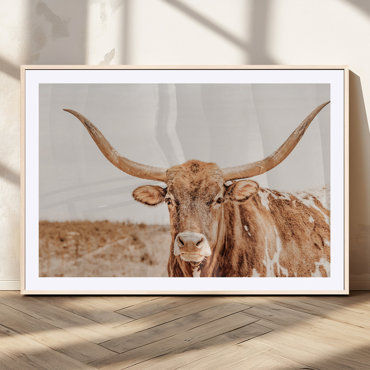 74406977-MGC-FP-36x24_Natural-Longhorn Bull Decor Wall Art Canvas Print, Framed Western Cow Theme Art Picture Print, Rustic Farmhouse Wall Perfect Neutral