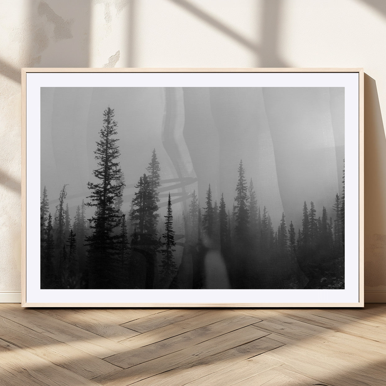 73138900-MGV-CV-36X24-Misty Pines Wall Art Canvas Print, Framed Woodland Photography Art Picture Print, Minimalist Decor Perfect Modern Rustic Decor