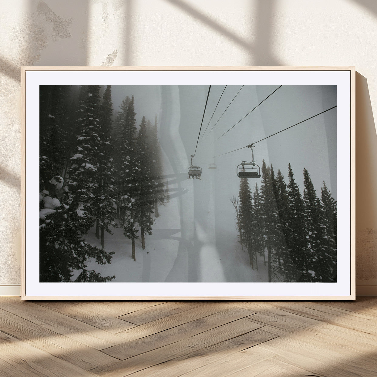 87018452-MGV-CV-36X24-Ski Lift Wall Art Canvas Print, Framed Snowy Pines Art Picture Print, Misty Landscape Perfect Winter Serenity Decor Artwork