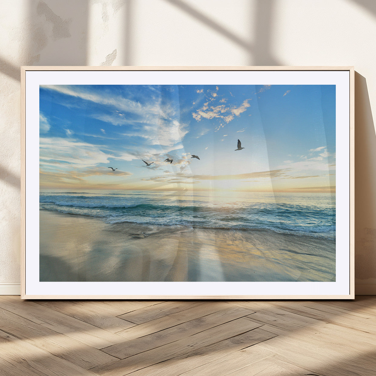 20708696-MGC-FP-36x24_Natural-Minimalist Seaside Wall Art Canvas Print, Framed Morning Glow Art Picture Print, Golden Reflections Perfect Coastal Minimalist