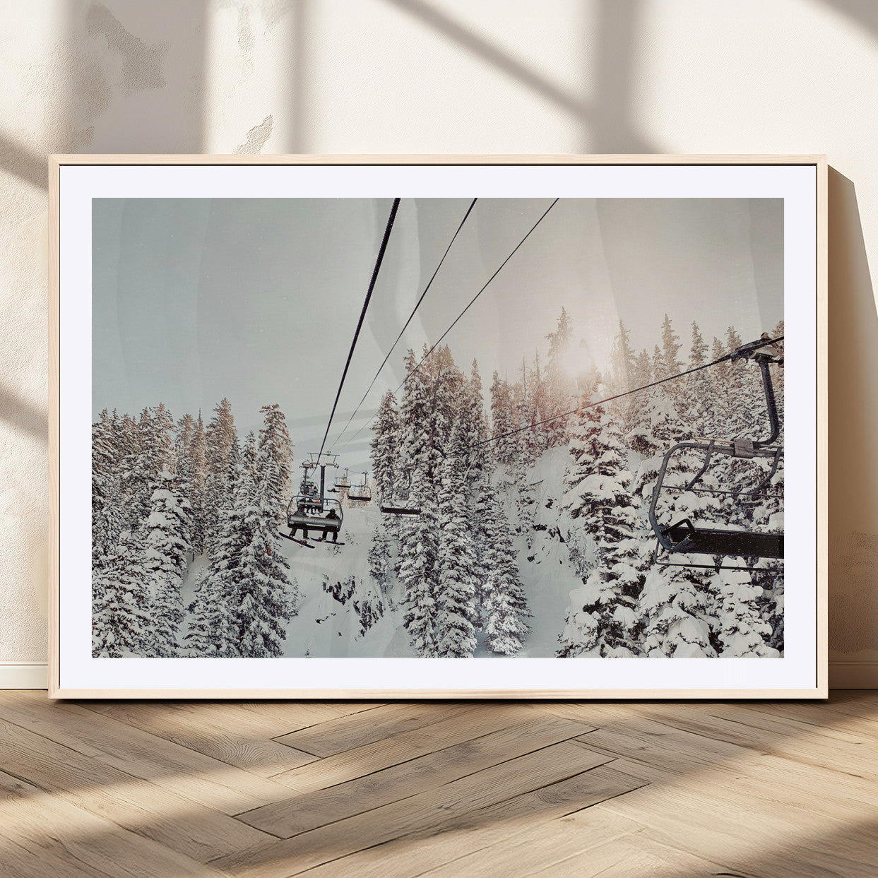 91534512-MGV-CV-36X24-Frosty Pines Wall Art Canvas Print, Framed Cozy Cabin View Art Picture Print, Ski Lift Ride Perfect Rustic Lodge Decor Artwork
