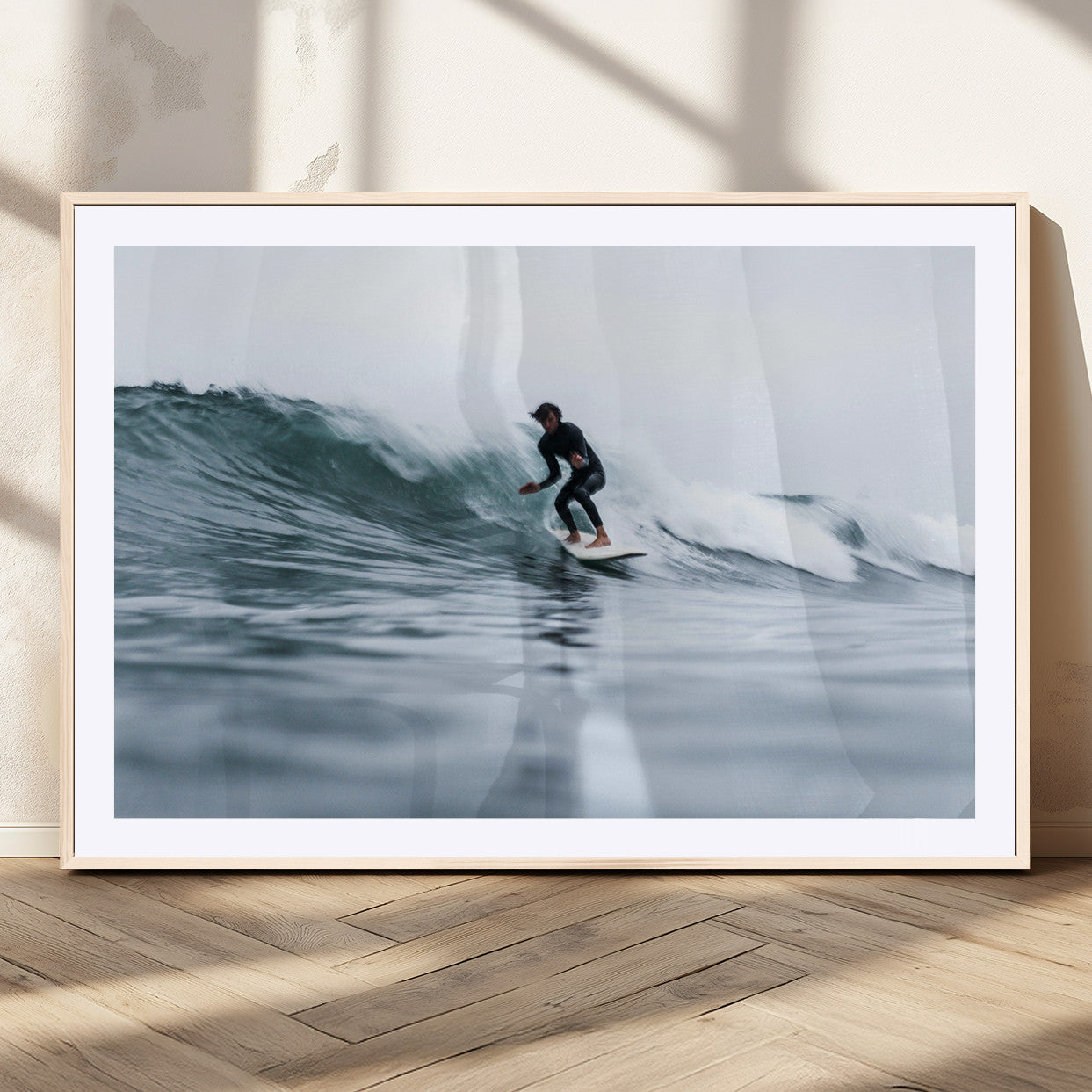 11693607-MGV-CV-36X24-Surfer on Wave Wall Art Canvas Print, Framed Ocean Adventure Art Picture Print, Motion Blur Water Perfect Coastal Adventure Decor