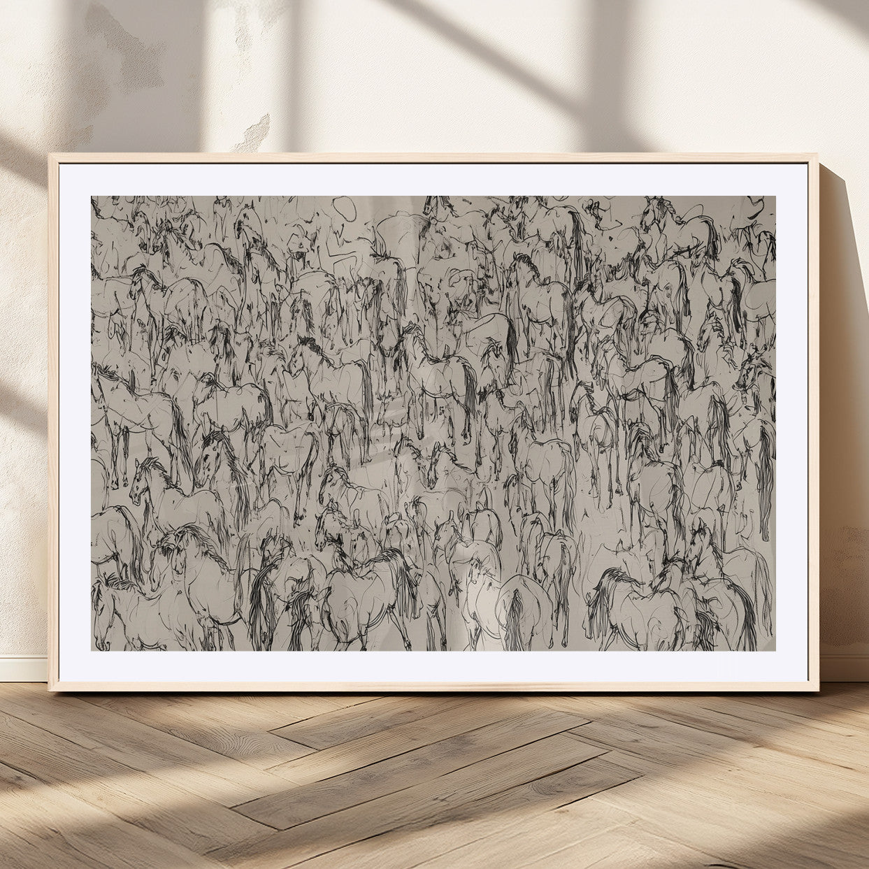 12358908-MGC-FP-36x24_Natural-Horse Herd Sketch Wall Art – Abstract Wild Horses Line Drawing Canvas Print, Rustic Western Style Equestrian Decor for Living