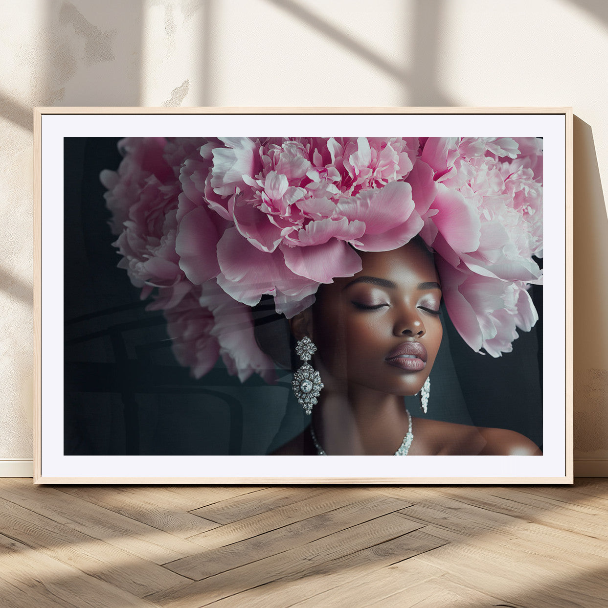 35482880-MGC-FP-36x24_Natural-Floral Portrait Wall Art – Elegant Woman with Pink Peony Headpiece Canvas Print, Luxury Fashion Inspired Artwork, Modern Glam
