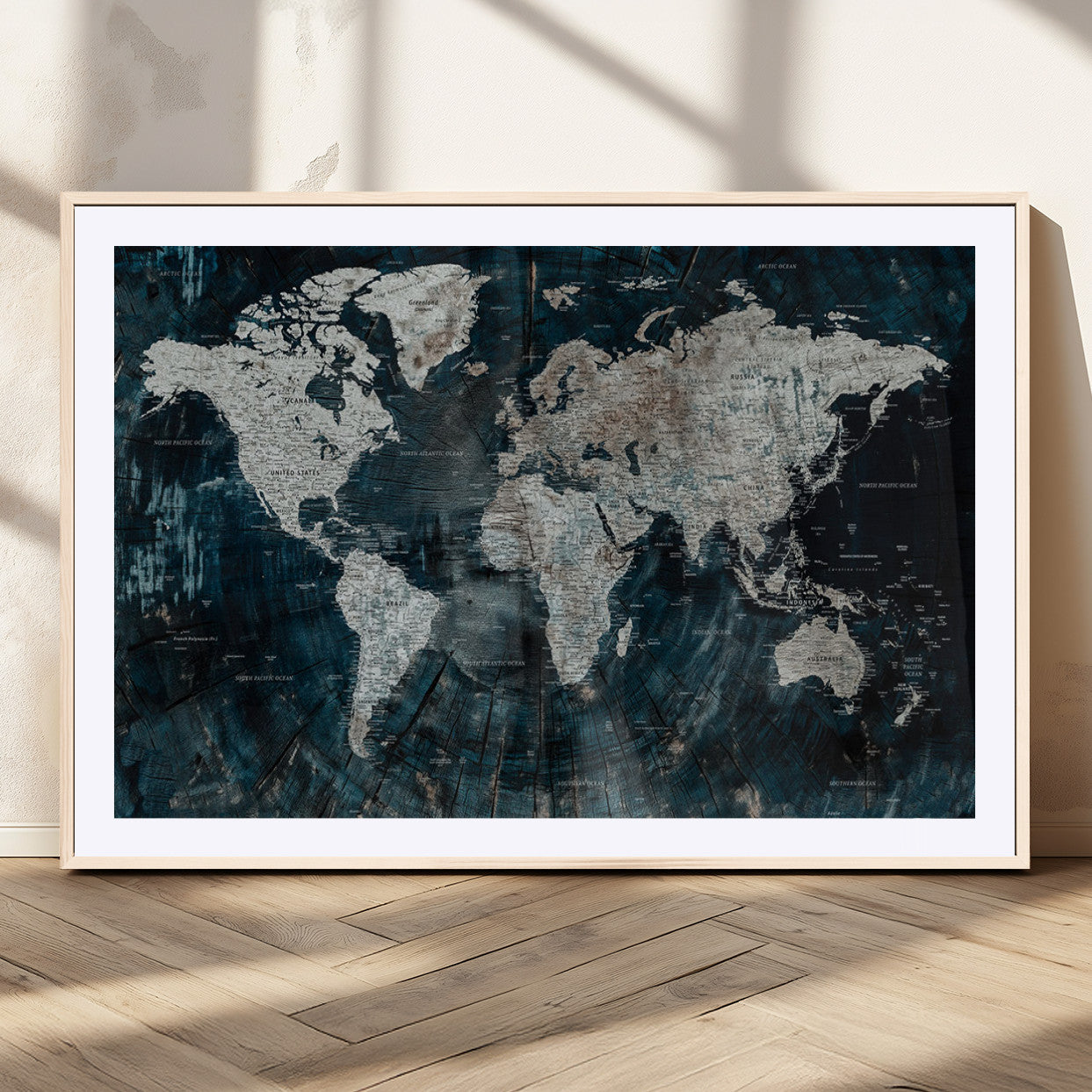 34425609-MGV-CV-36X24-World Map Wall Art – Rustic Navy and Grey Atlas Canvas Print, Distressed Explorer Map Artwork, Industrial Style Decor for Office,