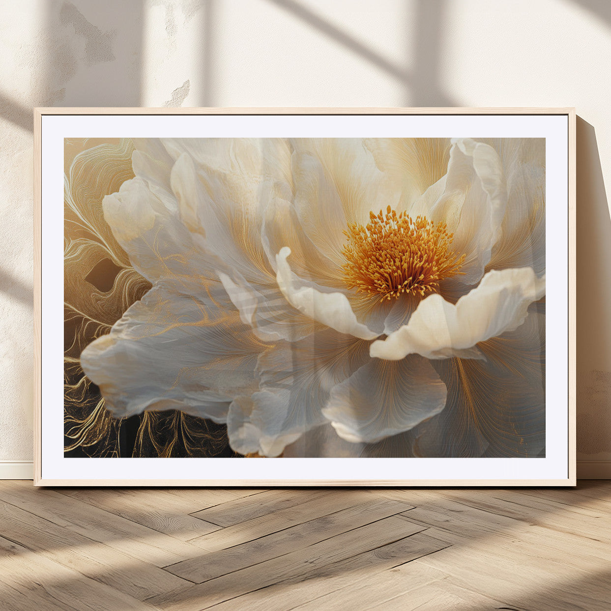 29539087-MGV-CV-36X24-Floral Wall Art – Elegant White and Gold Bloom Canvas Print, Romantic Modern Flower Artwork for Bedroom, Living Room, or Office