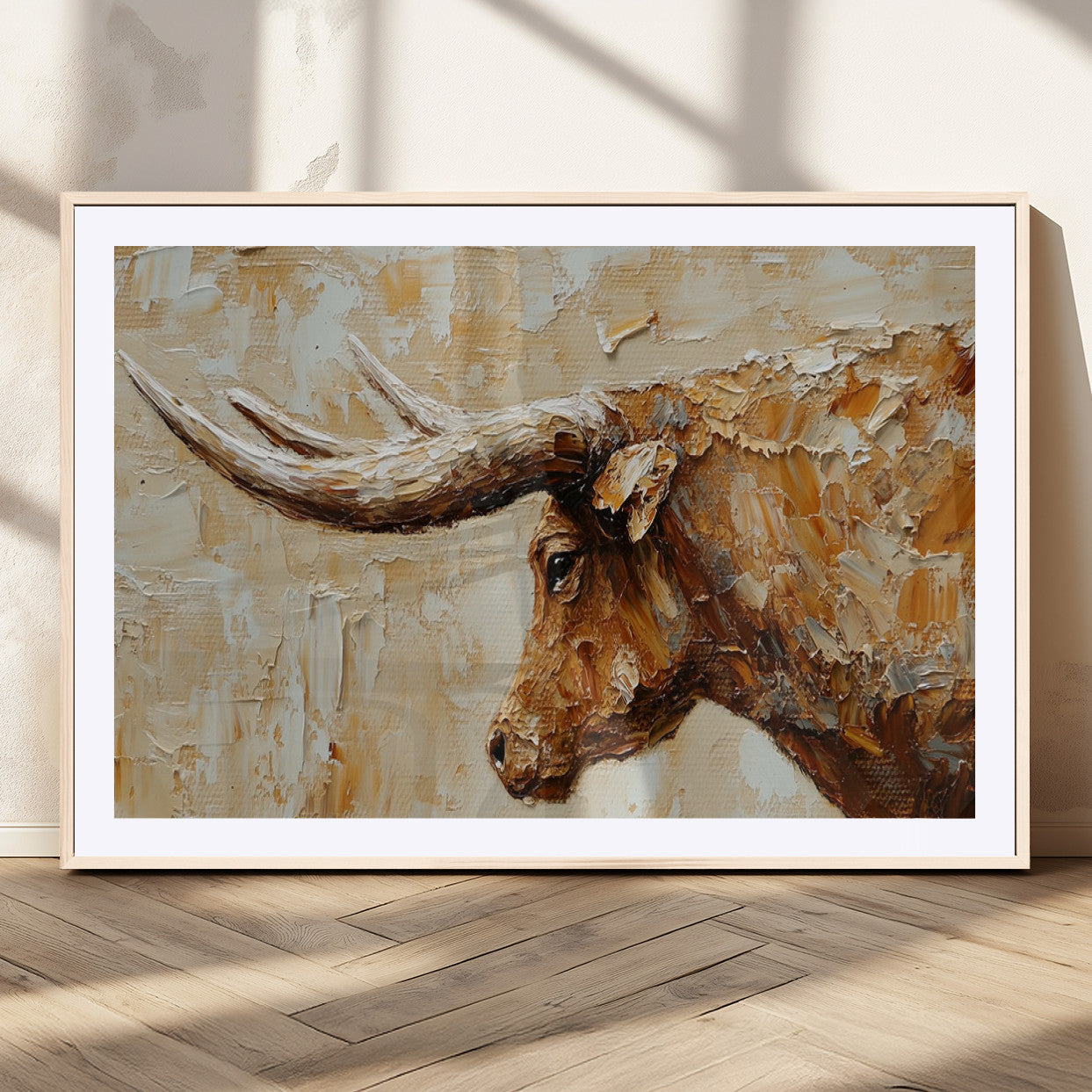 69611428-MGV-CV-36X24-Longhorn Bull Wall Art – Rustic Western Canvas Print, Textured Farmhouse Cattle Painting for Living Room, Office, or Ranch House