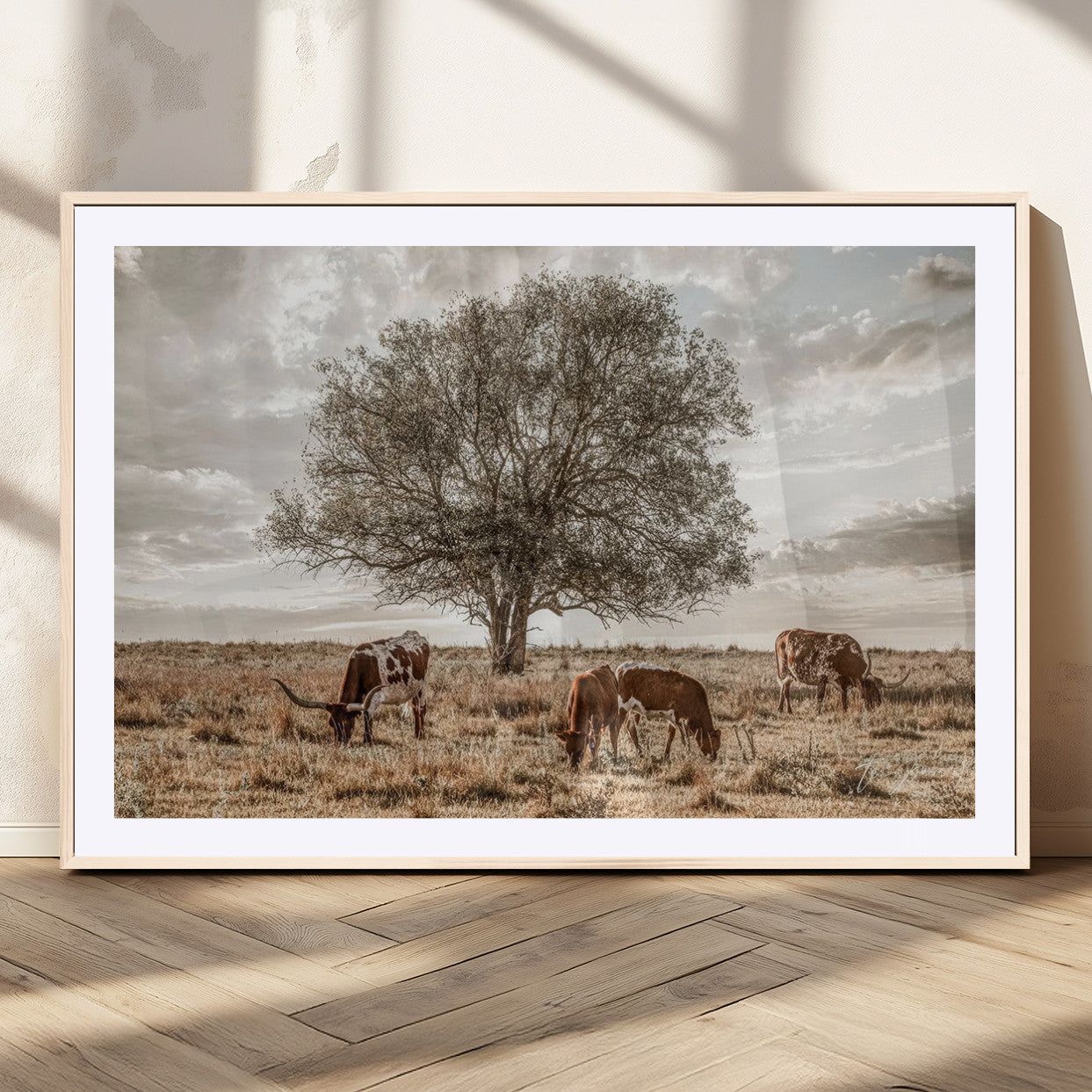 87590224-MGC-FP-36x24_Natural-Longhorn Cattle Wall Art – Rustic Western Landscape Canvas Print, Texas Farmhouse Prairie Scene for Living Room, Office, or Ranch