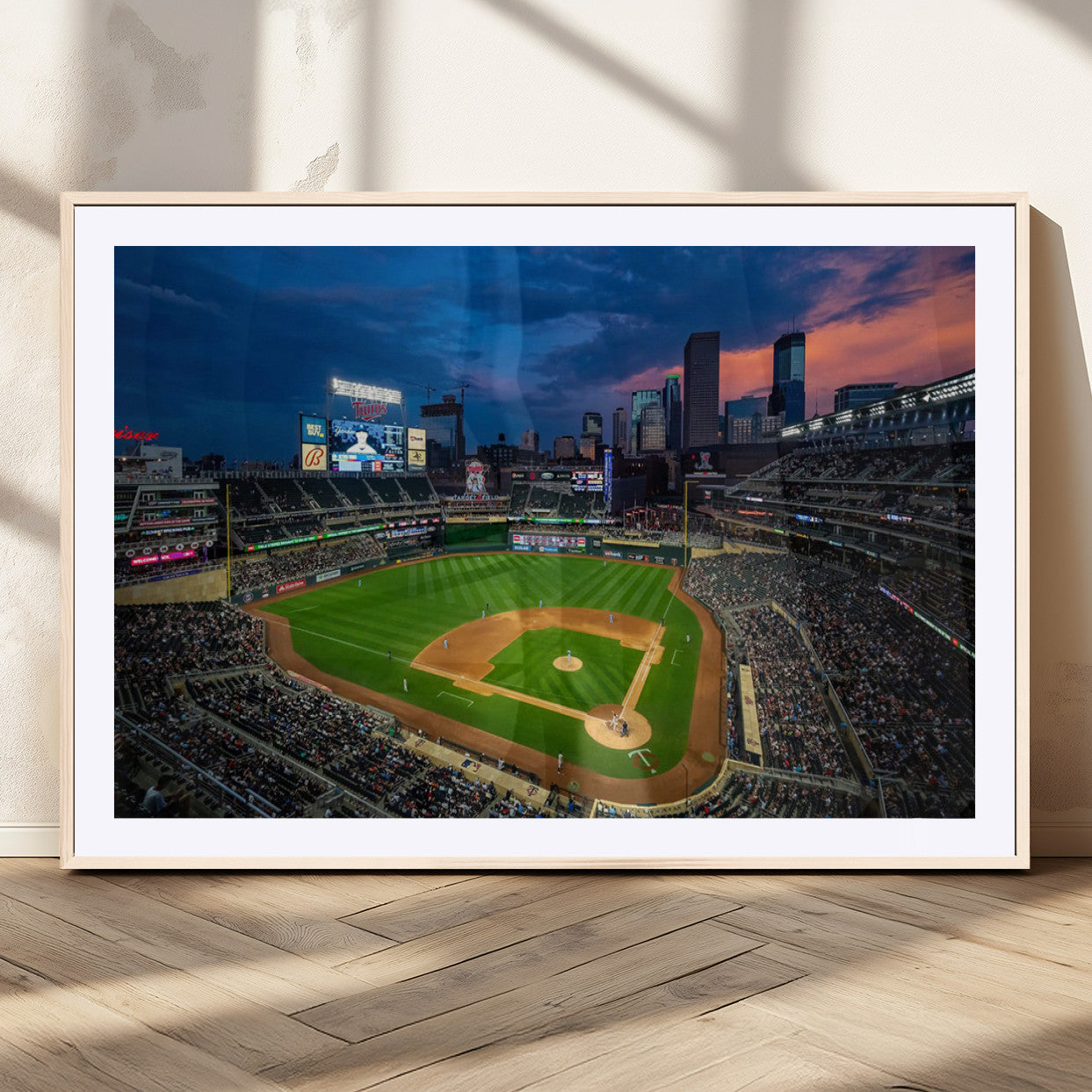 68222753-MGC-FP-36x24_Natural-Baseball Stadium Wall Art – Panoramic Night Game Canvas Print, Sports Decor for Man Cave, Office, Bar, or Living Room