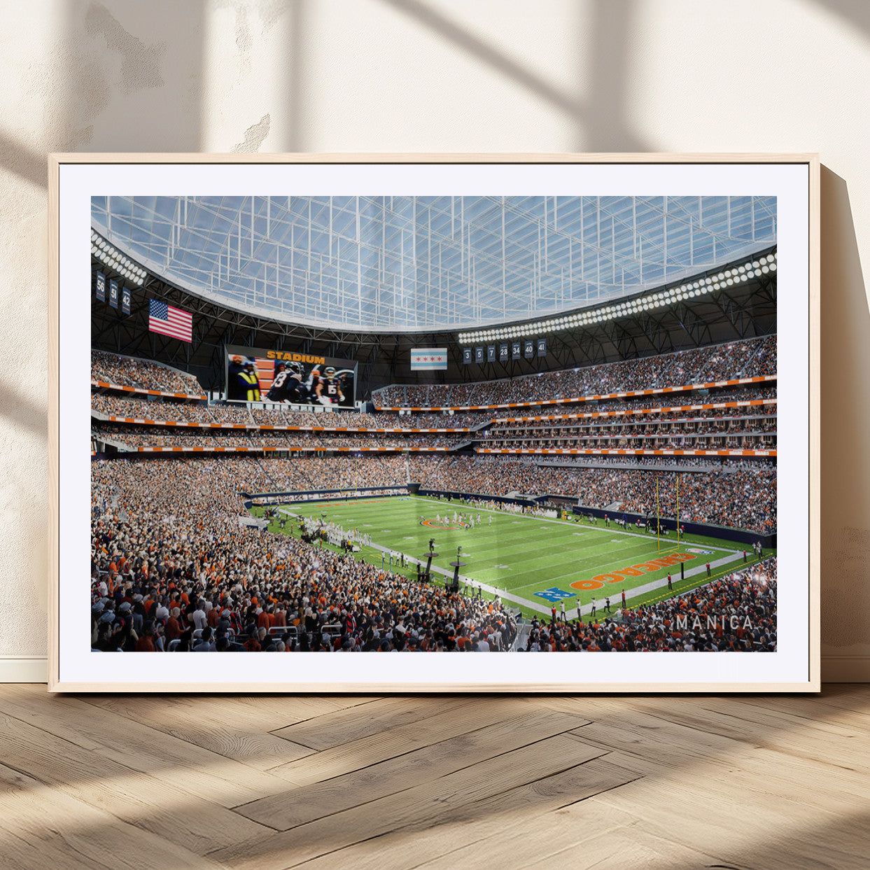 32530647-MGV-CV-36X24-Chicago Bears Stadium Wall Art – Futuristic Dome Arena Canvas Print, Modern Football Concept Design Decor for Man Cave, Bar, or