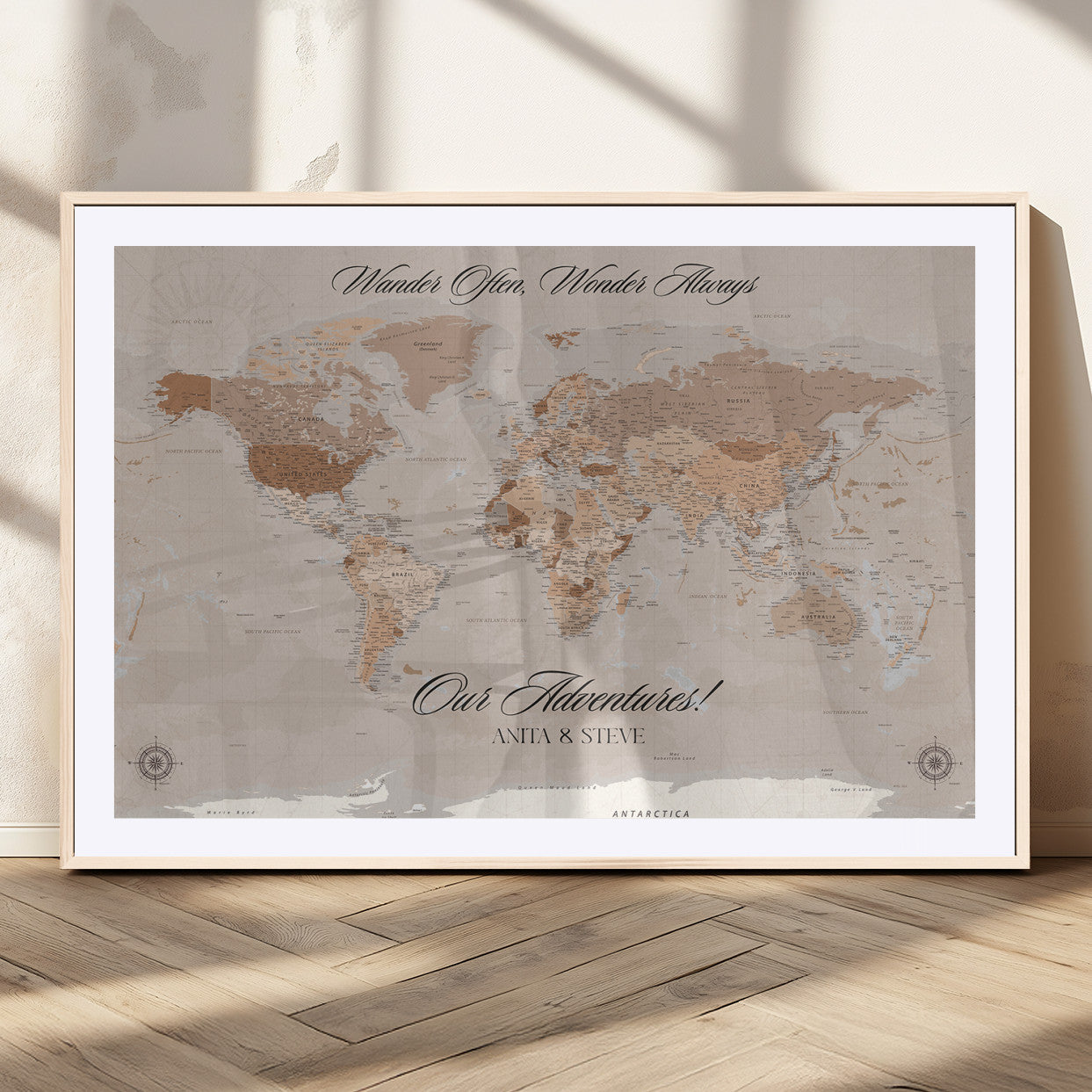 95243244-MGV-CV-36X24-Wander Often Wonder Always World Map Wall Art – Neutral Beige Adventure Canvas Print, Rustic Boho Travel Decor for Bedroom, Living