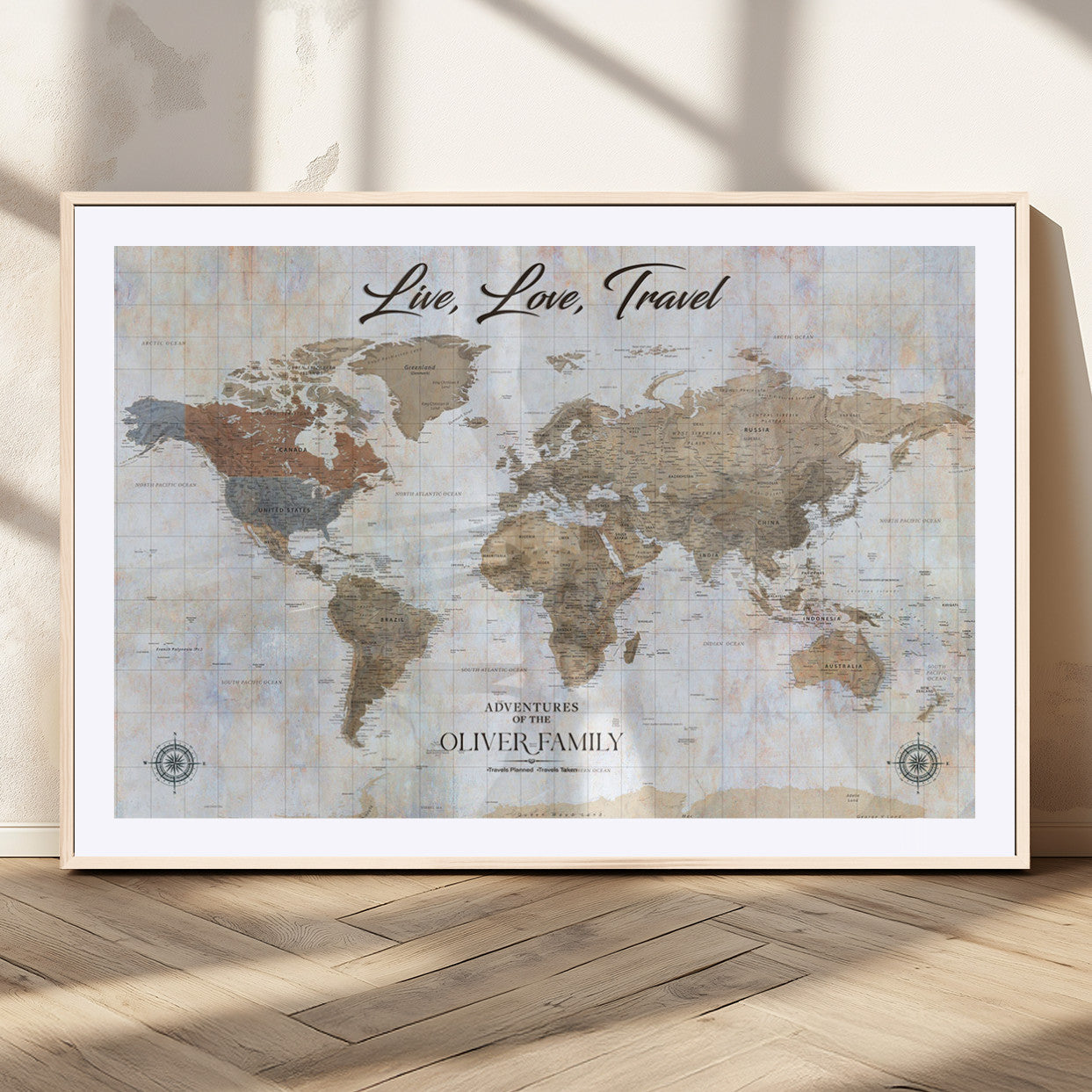 43924907-MGV-CV-36X24-Live Love Travel Wall Art – Neutral World Map Canvas Print, Rustic Adventure Decor for Home, Office or Living Room, Unique Gift