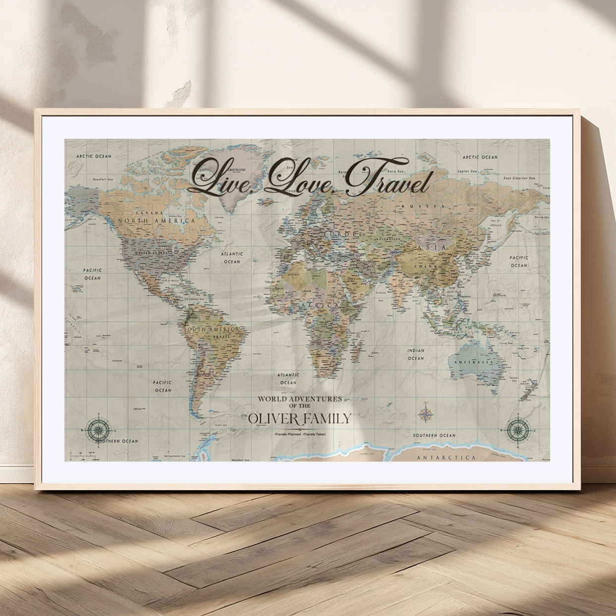19479008-MGV-CV-36X24-Live Love Travel Wall Art – Detailed World Map Canvas Print, Adventure Decor for Living Room, Office or Bedroom, Travel Gift for