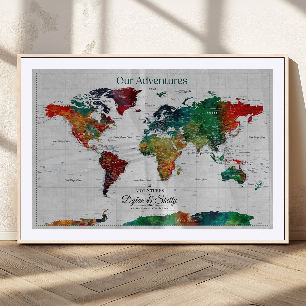 50035254-MGC-FP-36x24_Natural-Personalized Colorful Push Pin World Map Canvas – Custom Framed Travel Tracker Wall Art with Pins, Unique Adventure Decor for Home, Office