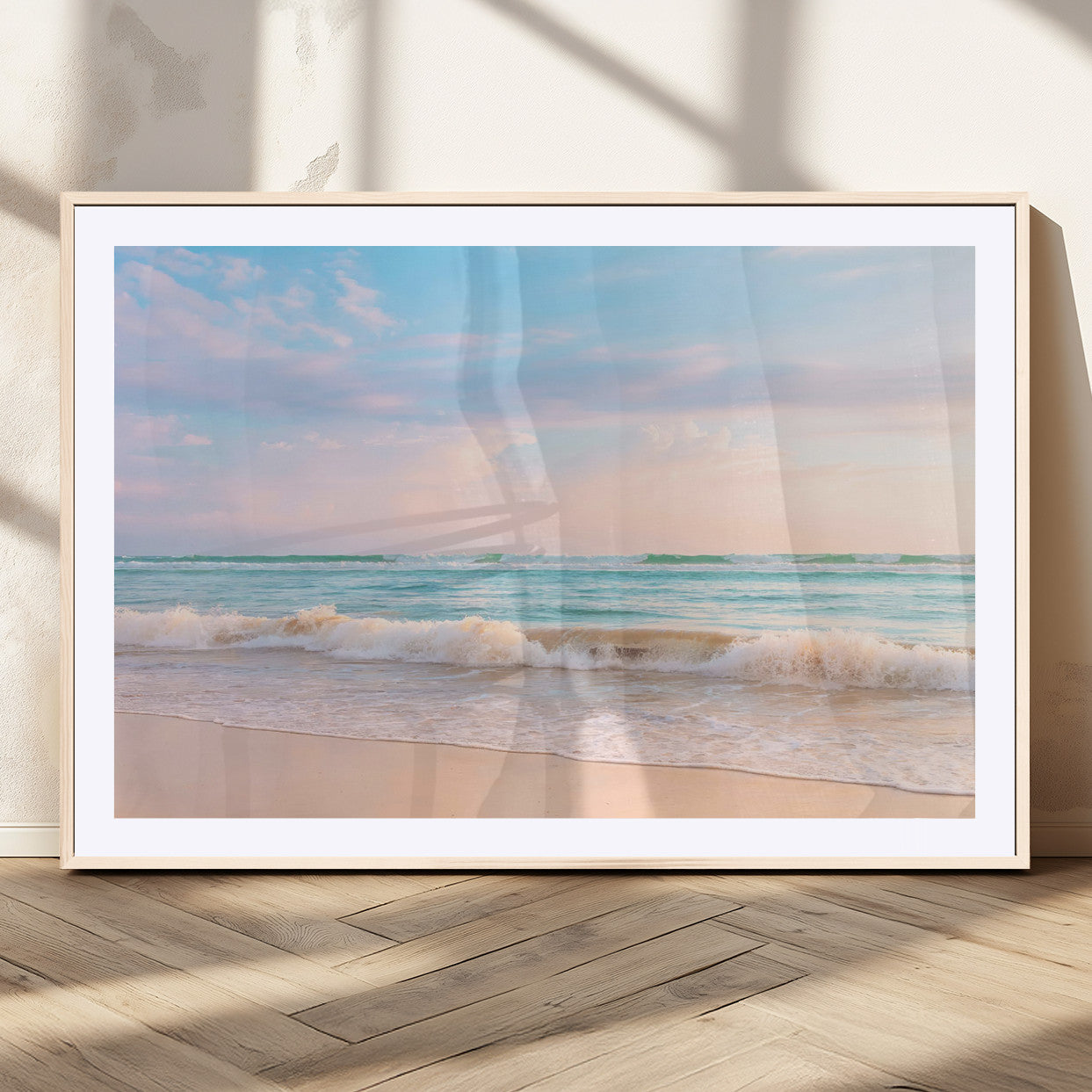 88024944-MGC-FP-36x24_Natural-Serene Ocean Waves Canvas Wall Art – Pastel Sky, Soft Sand Beach, Tranquil Seascape, Calm Water Coastal Nature, Relaxing Peaceful
