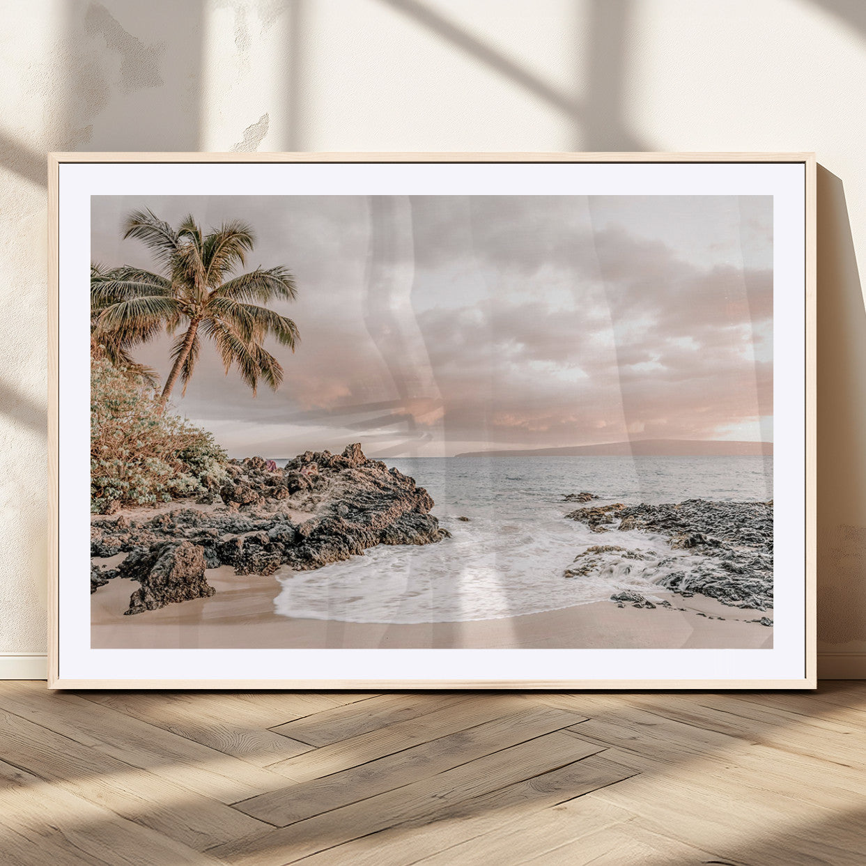 18005328-MGV-CV-36X24-Tropical Beach Wall Art – Coastal Ocean Canvas Print with Palm Tree, Sunset Sky and Rocky Shore, Serene Seascape Photography for