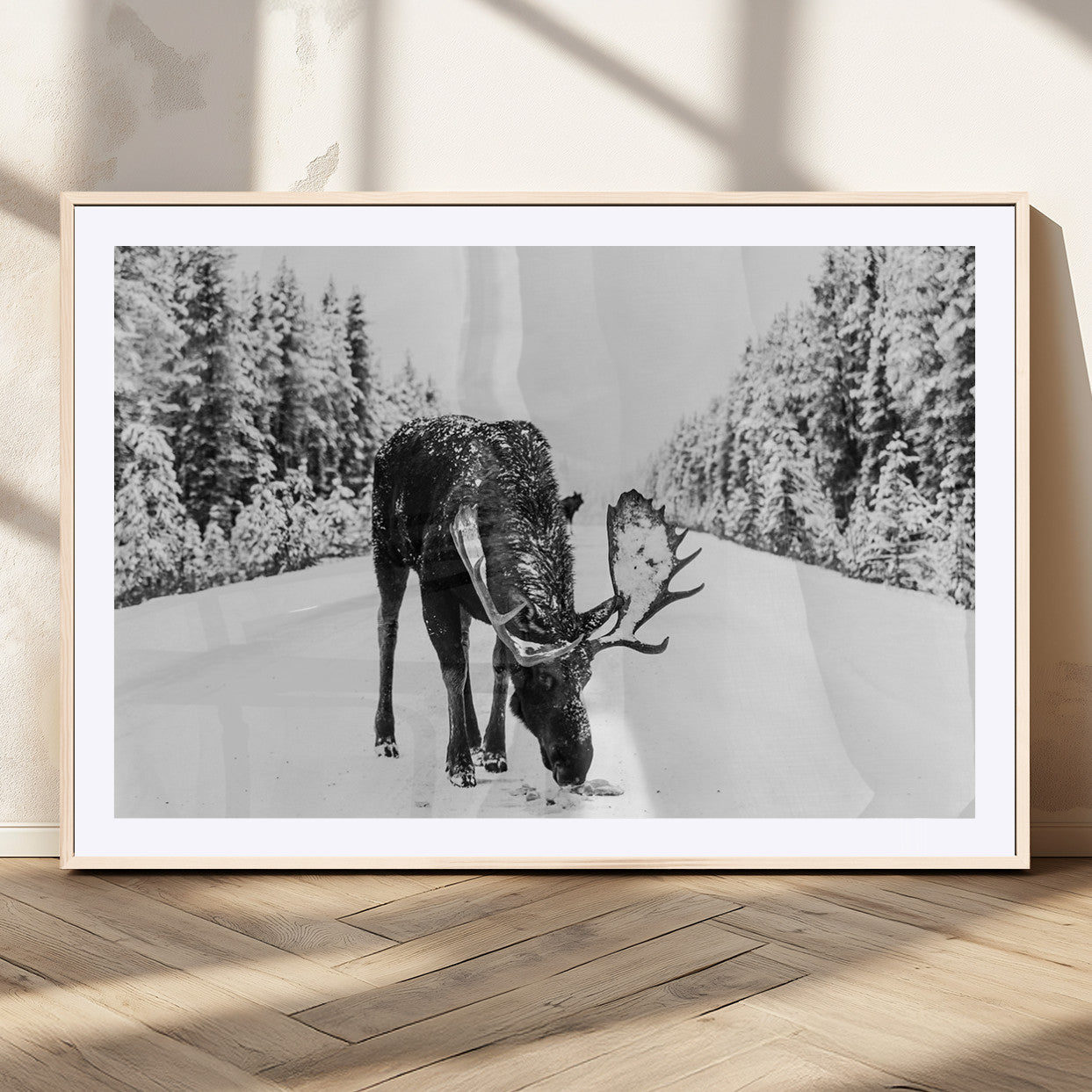 38956835-MGC-FP-36x24_Natural-Moose Winter Snowy Forest Canvas Wall Art – Wildlife Nature, Antlers in Frozen Landscape, Quiet Path, Cold Season Outdoors Print