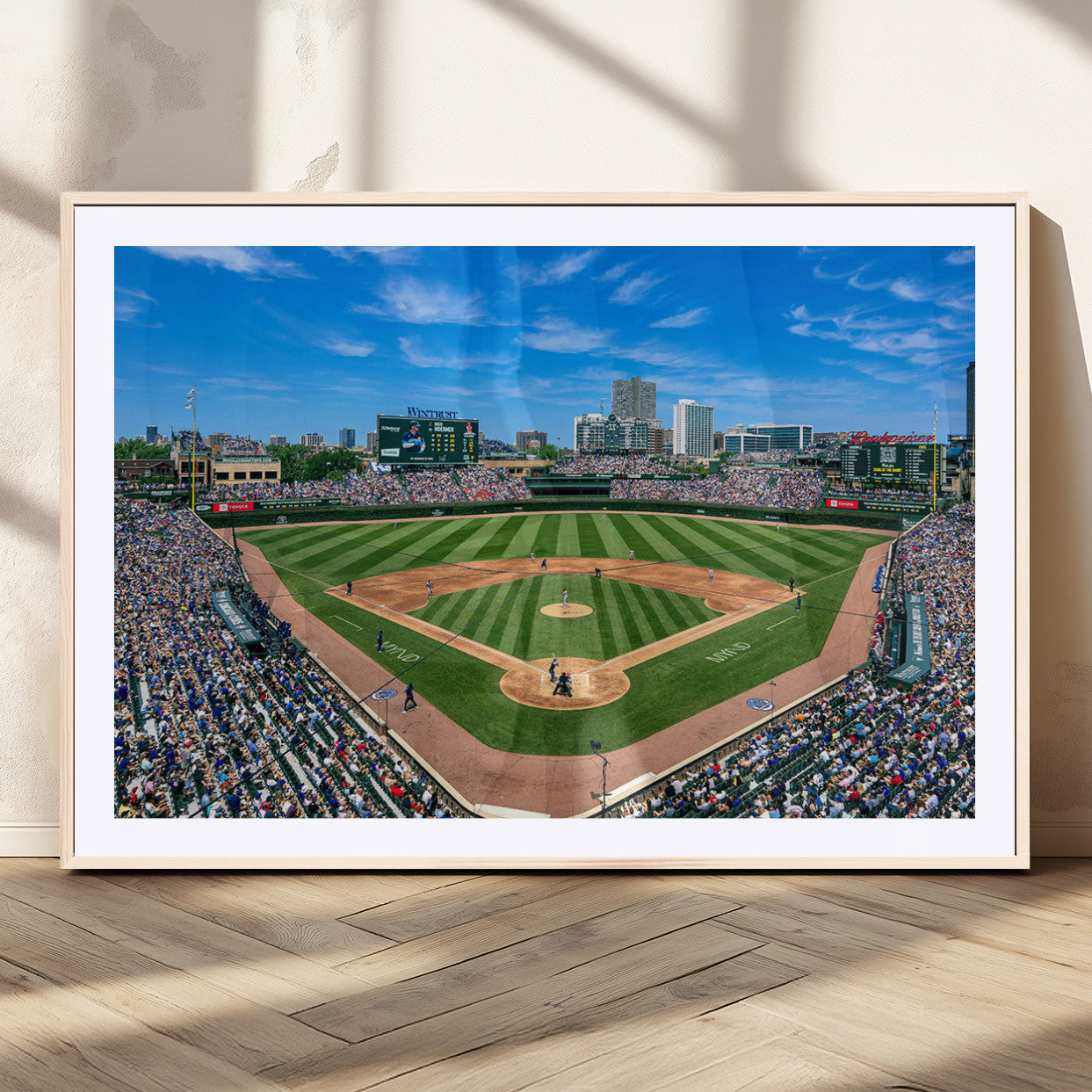 56213978-MGV-CV-36X24-Baseball Stadium Wall Art – Panoramic Ballpark Canvas Print with Fans, Green Field and City Skyline, Classic Sports Photography