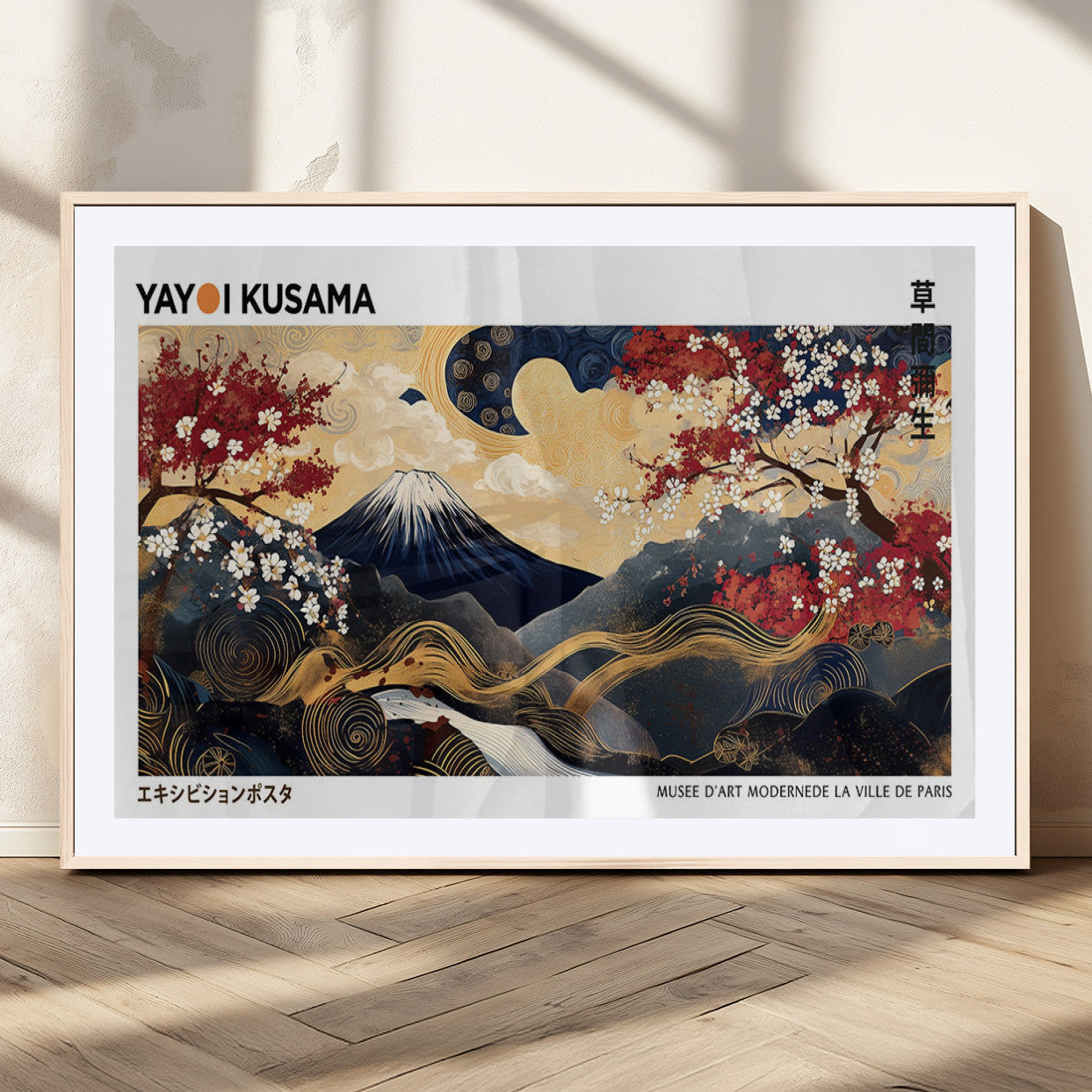 28945903-MGV-CV-36X24-Japanese Wall Art – Mount Fuji Canvas Print with Cherry Blossoms and Golden Wave Motifs, Traditional Asian Inspired Artwork for