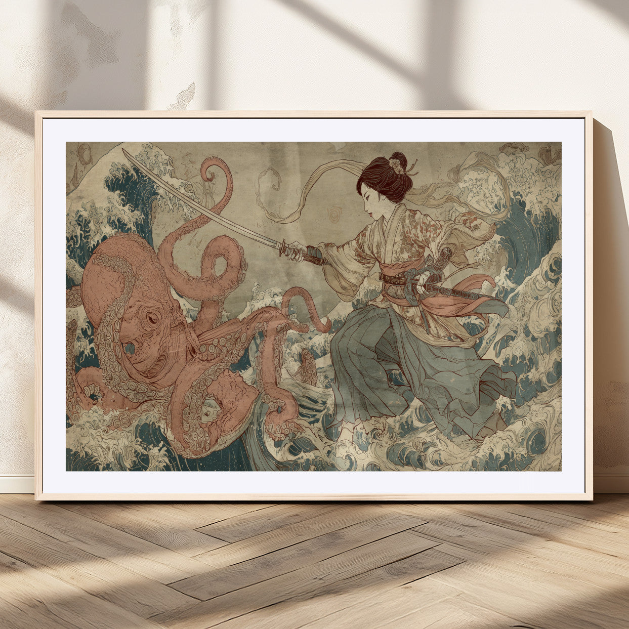 54879547-MGV-CV-36X24-Tsukioka Yoshitoshi Samurai Wall Art Print, Japanese Katana Warrior Canvas Wall Art, Octopus Sea Monster Canvas Print,