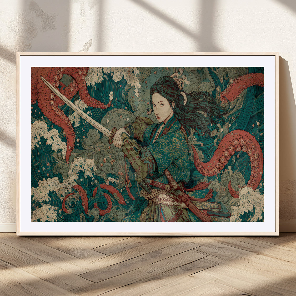 35461724-MGC-FP-36x24_Natural-Samurai Woman vs Octopus Wall Art – Japanese Ukiyo-e Ocean Waves Canvas Print, Red Tentacle Battle Artwork for Living Room,