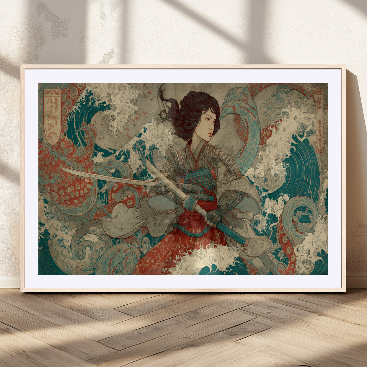 37797255-MGC-FP-36x24_Natural-Samurai Woman vs Octopus Wall Art – Japanese Ukiyo-e Red Armor Ocean Battle Canvas Print, Warrior Artwork for Living Room, Office,