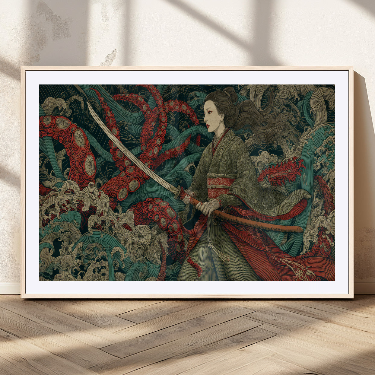 18902796-MGC-FP-36x24_Natural-Samurai Woman vs Octopus Wall Art – Japanese Ukiyo-e Green Kimono Canvas Print, Ocean Battle Scene Artwork for Living Room,