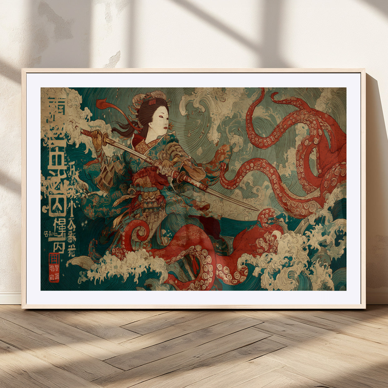 60201267-MGC-FP-36x24_Natural-Samurai Woman vs Octopus Wall Art – Japanese Ukiyo-e Armor Canvas Print, Red Tentacle Ocean Battle Artwork for Living Room,