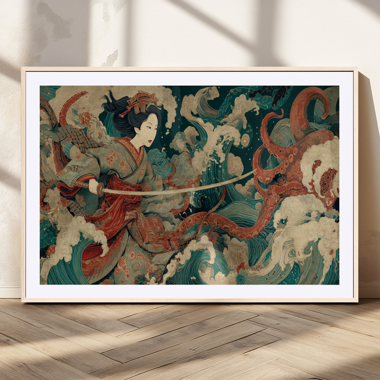 30212982-MGV-CV-36X24-Samurai Woman vs Octopus Wall Art – Japanese Ukiyo-e Style Warrior and Sea Monster Canvas Print, Mythology Inspired Artwork for