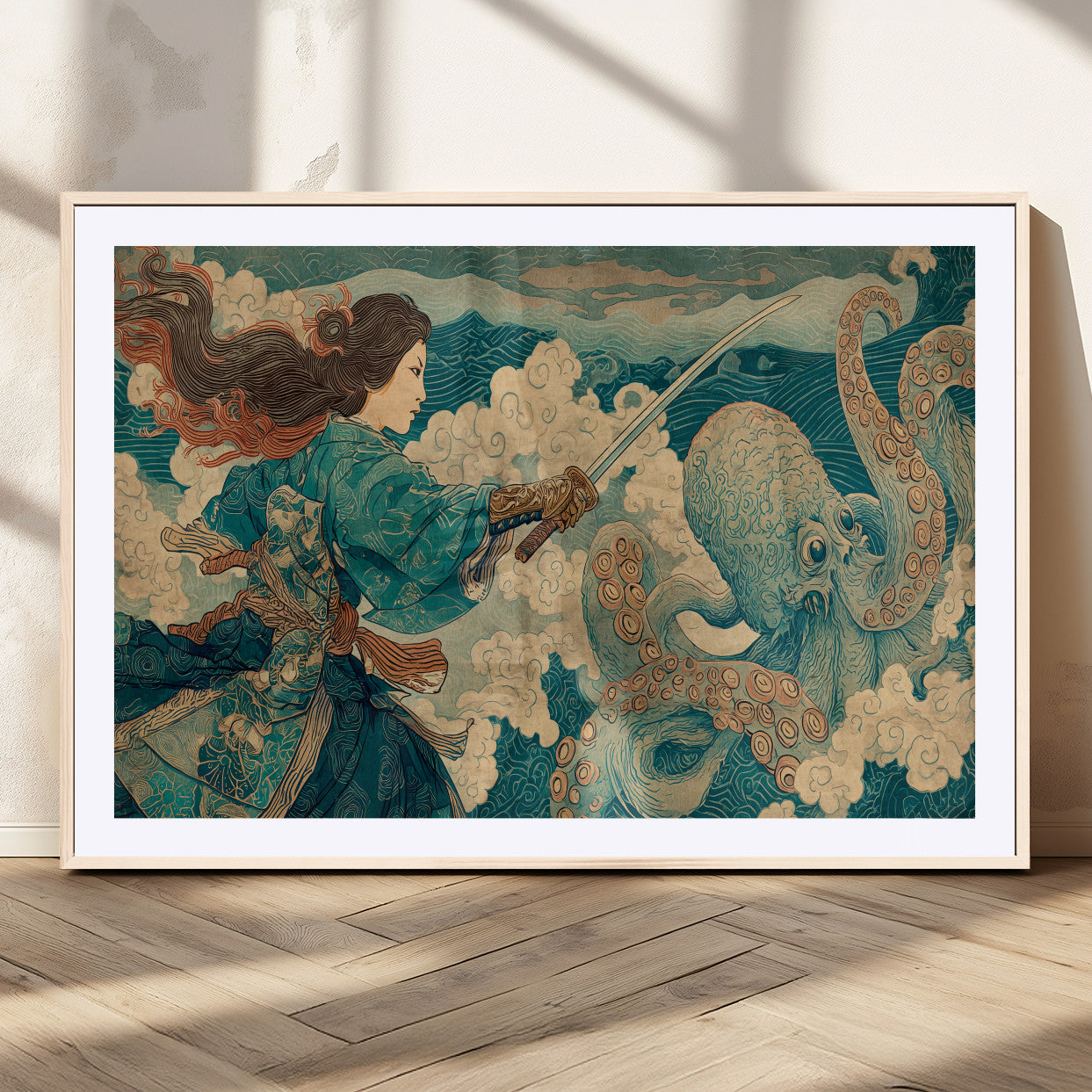 99764195-MGC-FP-36x24_Natural-Samurai vs Octopus Wall Art – Japanese Ukiyo-e Style Warrior and Sea Monster Canvas Print, Mythology Inspired Artwork for Living