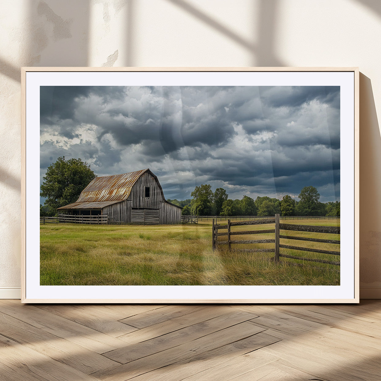 39409517-MGC-FP-36x24_Natural-Rustic Barn Wall Art – Weathered Farmhouse and Storm Clouds Canvas Print, Country Landscape Photography Decor for Bedroom, Living