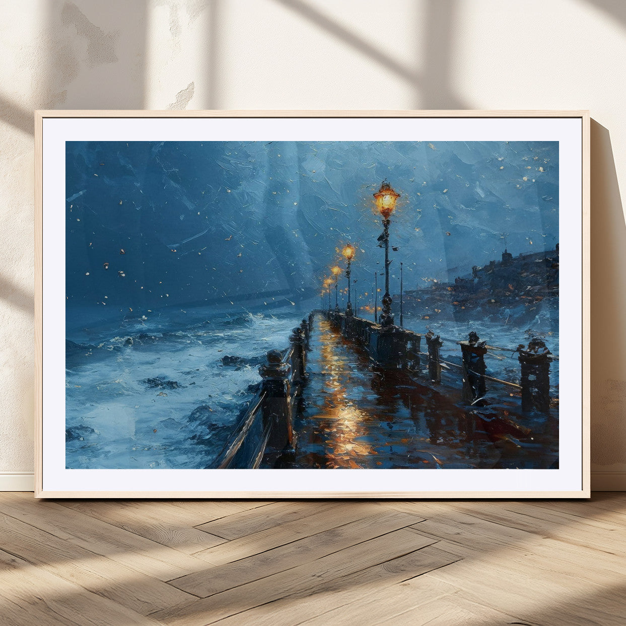 93793246-MGV-CV-36X24-Stormy Night Pier Canvas Wall Art – Moody Ocean Landscape with Lights, Blue Coastal Seascape Print for Bedroom, Living Room,