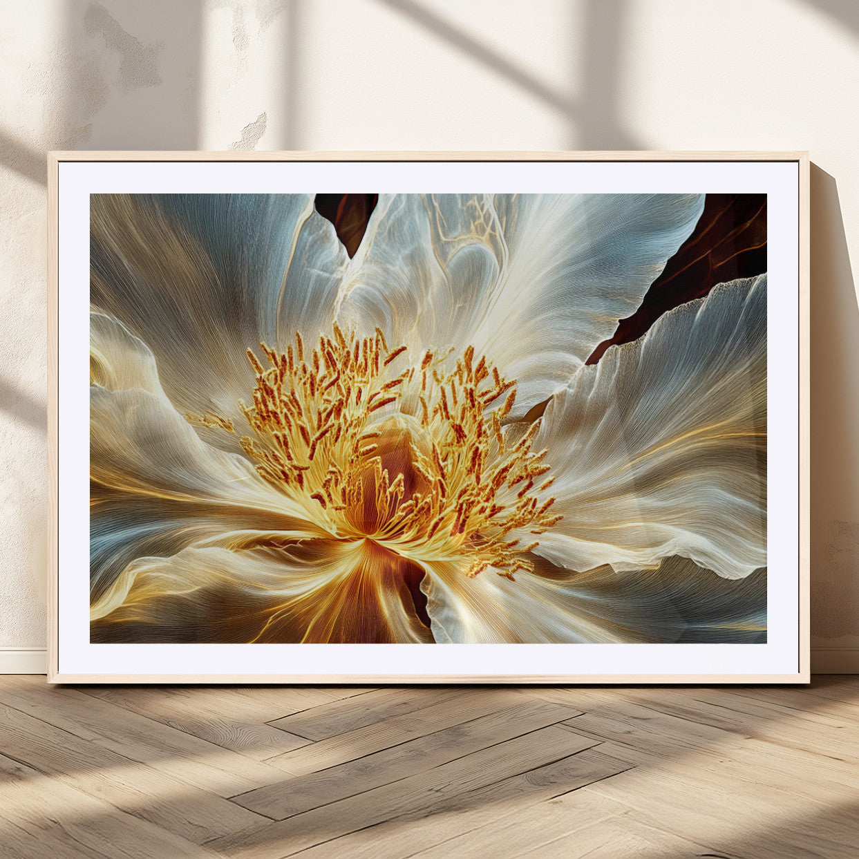 20862576-MGC-FP-36x24_Natural-Golden Abstract Flower Canvas Wall Art – Modern Botanical Bloom Print, Elegant Floral Artwork for Living Room, Bedroom, Office
