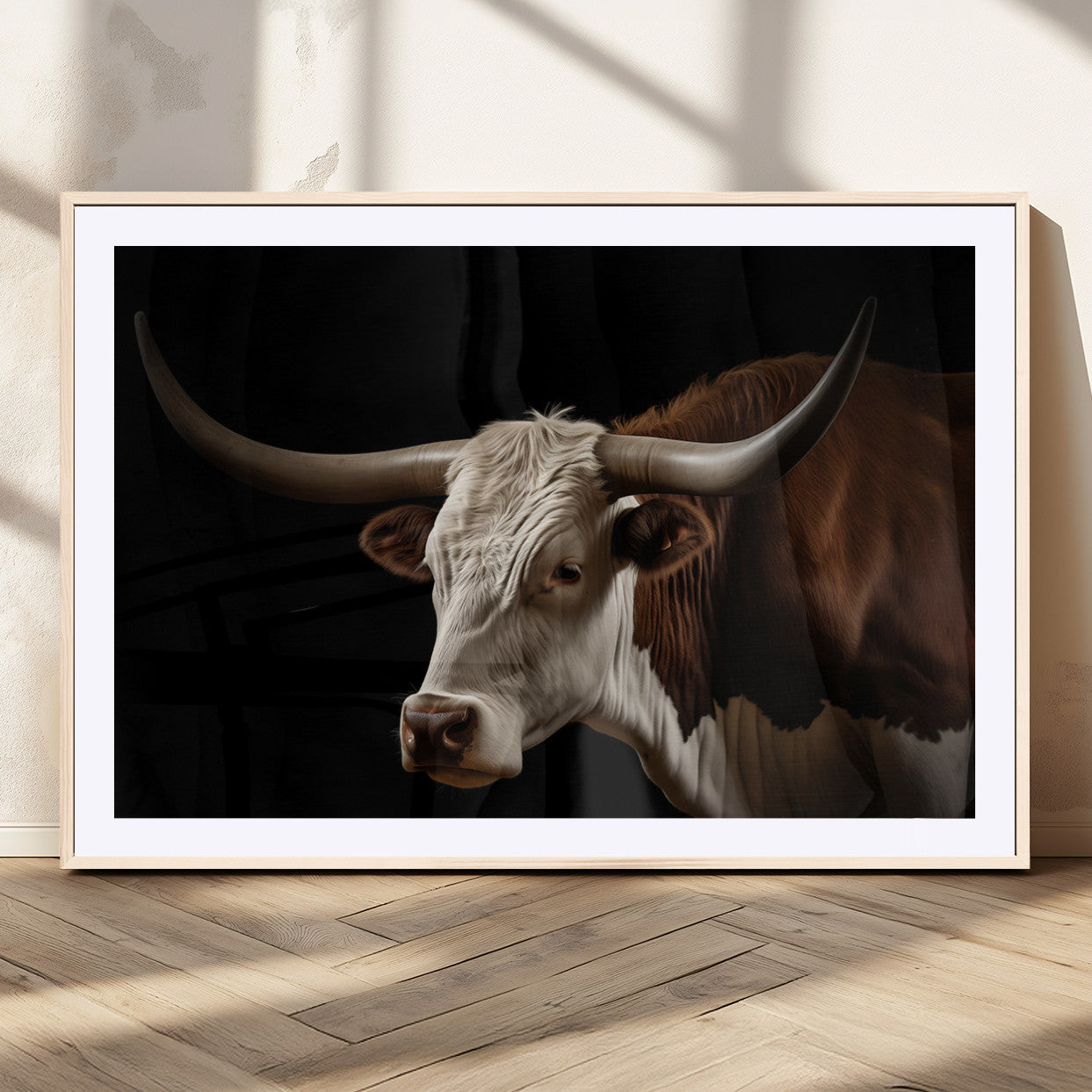 27414857-MGC-FP-36x24_Natural-Longhorn Bull Wall Art – Dramatic Western Steer Portrait Canvas Print, Rustic Farmhouse Animal Decor for Living Room, Office, or
