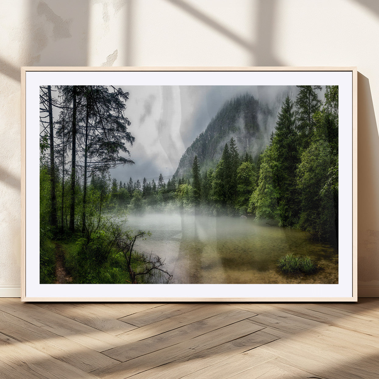 93123937-MGC-FP-36x24_Natural-Landscape Wall Art – Misty Mountain Lake Canvas Print, Tranquil Forest and Waterfall Photography Decor for Bedroom, Living Room,