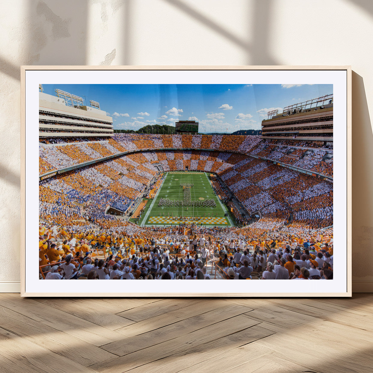 64238859-MGC-FP-36x24_Natural-Neyland Stadium Wall Art – Panoramic Tennessee Volunteers Power T Checkerboard Crowd Canvas Print, Day Game Football Band Sports