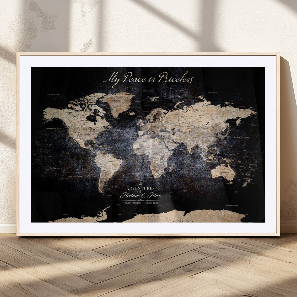 51488142-MGC-FP-36x24_Natural-Personalized World Map Wall Art – Dark Rustic Adventure Travel Map with Custom Names, Vintage Wall Decor for Couples, Families or