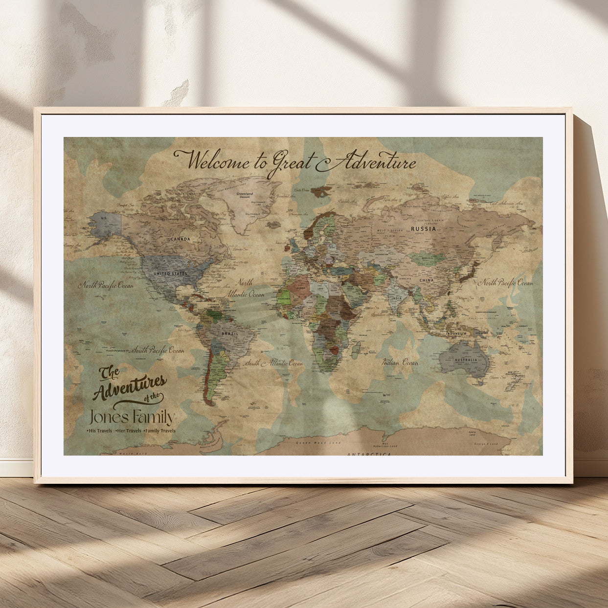 32019746-MGC-FP-36x24_Natural-Personalized World Map Wall Art – Vintage Camo Adventure Travel Map with Custom Family Names, Rustic Wall Decor for Couples, Home