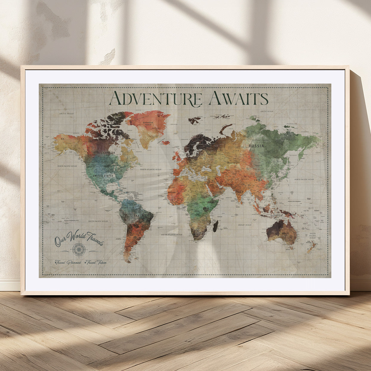 24737989-MGC-FP-36x24_Natural-Personalized World Map Wall Art – Colorful Vintage Adventure Travel Map with Custom Names, Unique Wall Decor for Couples,
