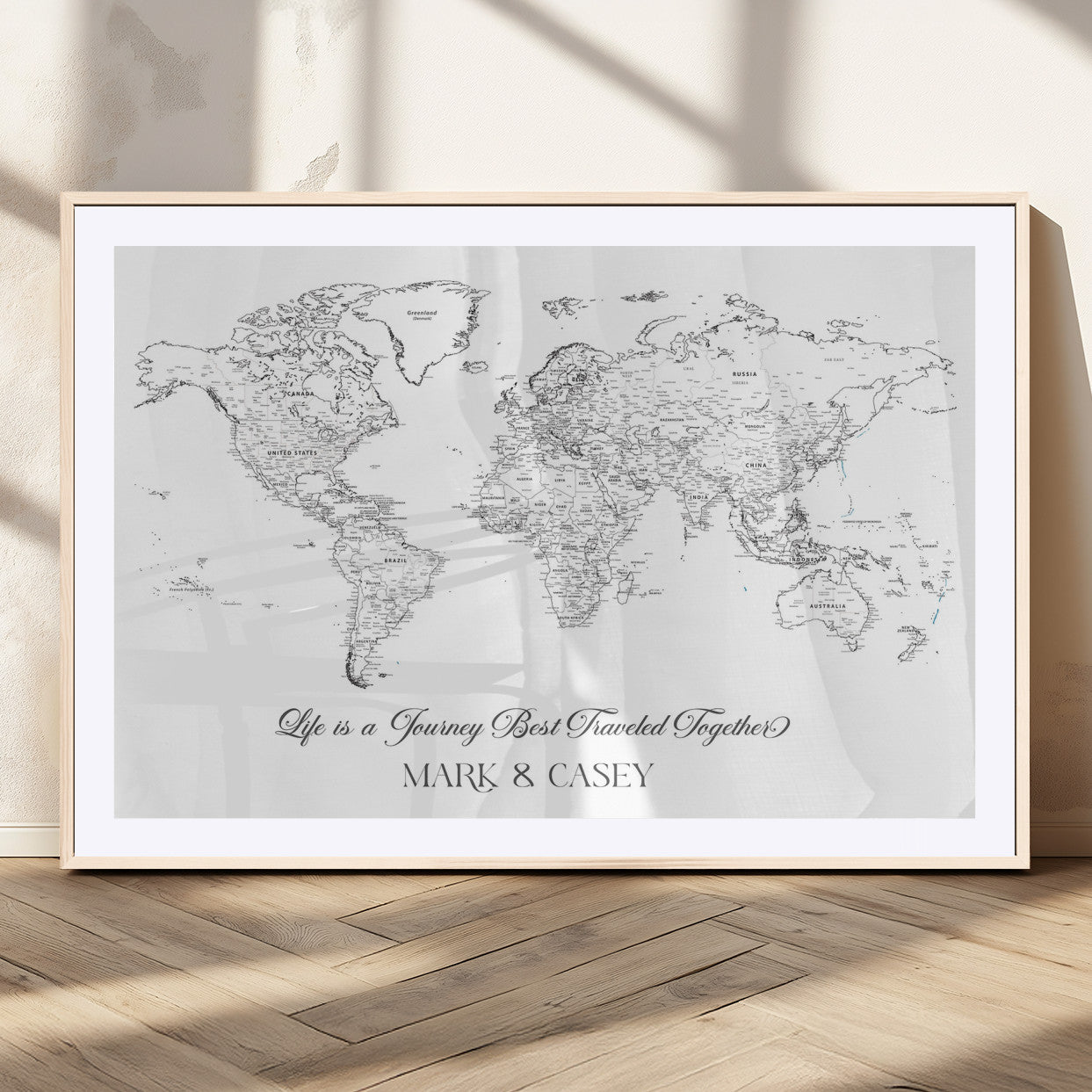43438578-MGC-FP-36x24_Natural-Personalized World Map Wall Art – Black and White Minimal Travel Map with Custom Names, Elegant Wall Decor for Couples, Wedding or